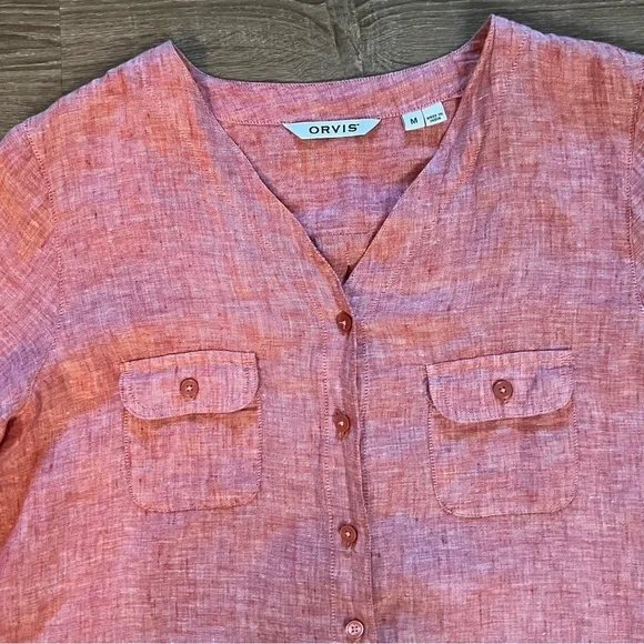 Orvis 100% Linen Shirt Women's M Red Pink 3/4 Sleeve Button Up Casual Blouse Top - Picture 2 of 10